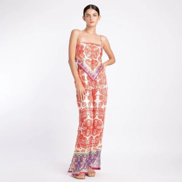 Zara red printed palazzo wide leg high waisted slip on pants size xl - Picture 4 of 13